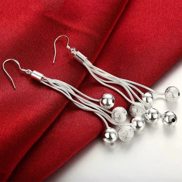 925 Sterling Silver Statement Earrings Long Tassel Drop Round Ball Earrings - Picture 1 of 5